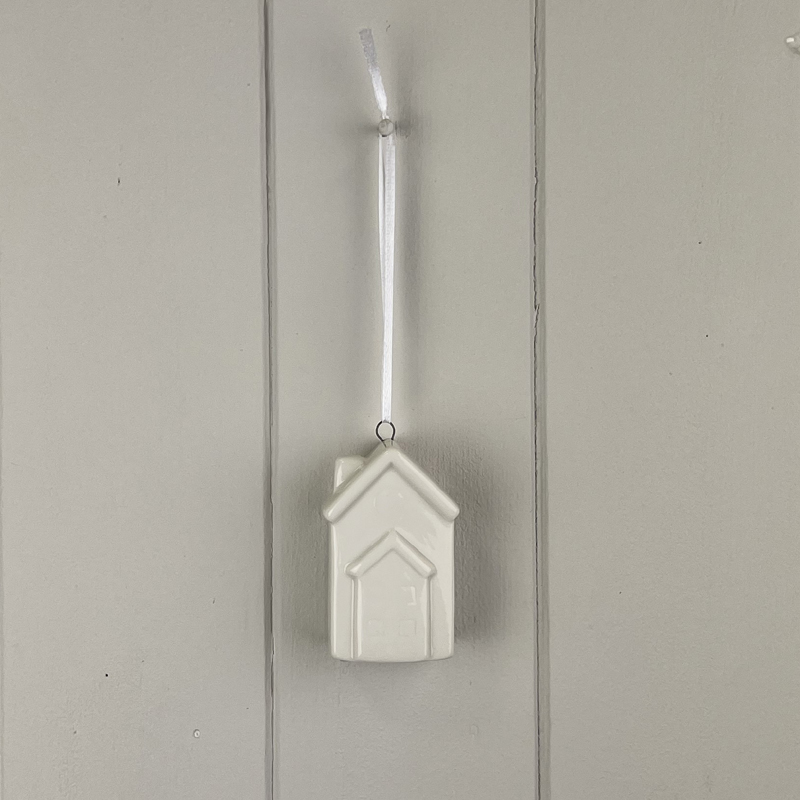 White Ceramic Hanging House with Door Ornament detail page